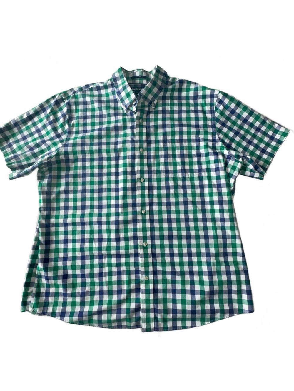 Lands’ End Men’s XL No Iron Twill Shirt Blue Green Plaid Short Sleeve Button Up